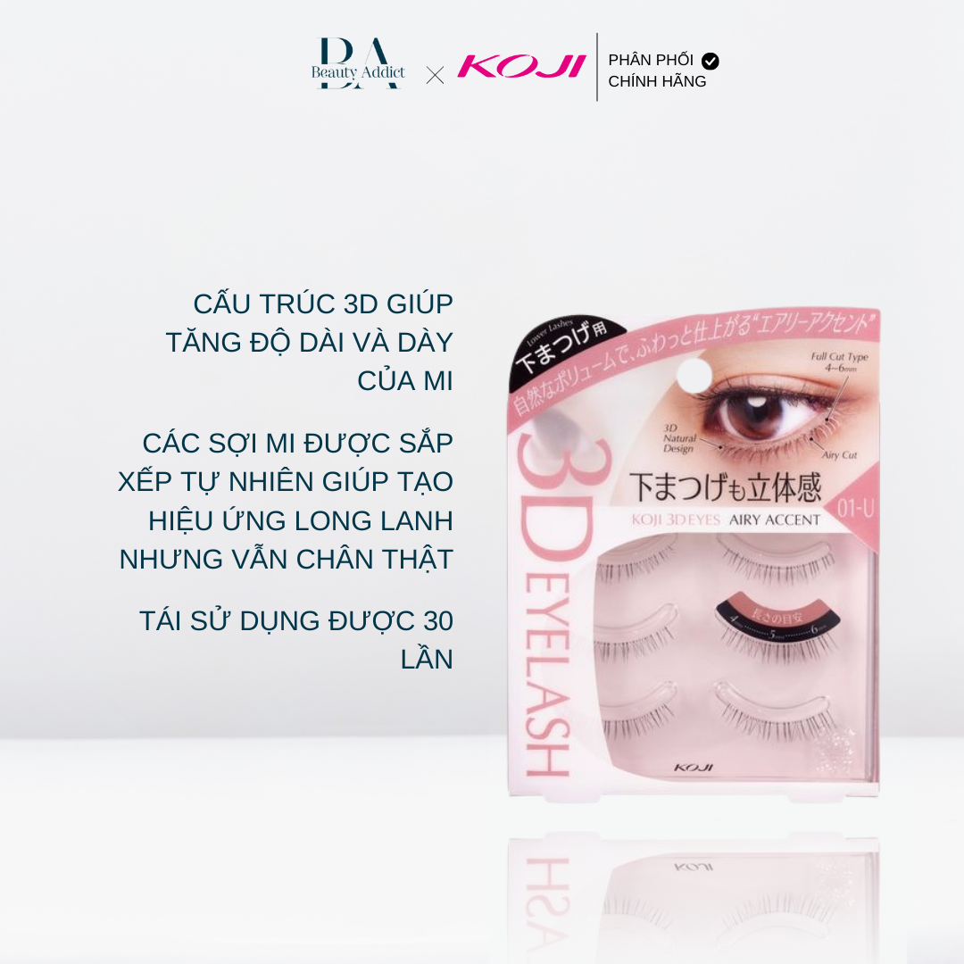 Lông mi giả 3D KOJI Eyelash cho mí dưới (tái sử dụng được 30 lần) - 01-U Airy Accent - Beauty Addict